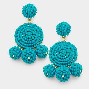 NWOT Blue & Gold Seed Beaded Disc Bauble Earrings